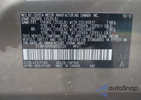 2012 Toyota Rav4 из США, поврежденный, VIN 2T3BF4DV0CW252528